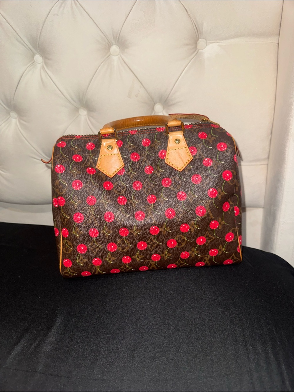 Louis Vuitton Brown Monogram Satchel with Red Cherry Print